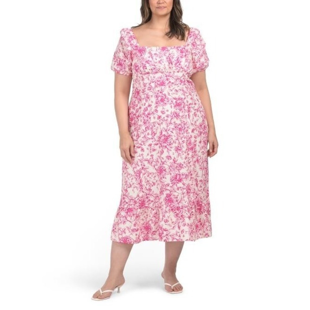 Linen Blend Midi Dress Pink Floral Puff Sleeve Cottagecore Spring Summer 14W NWT